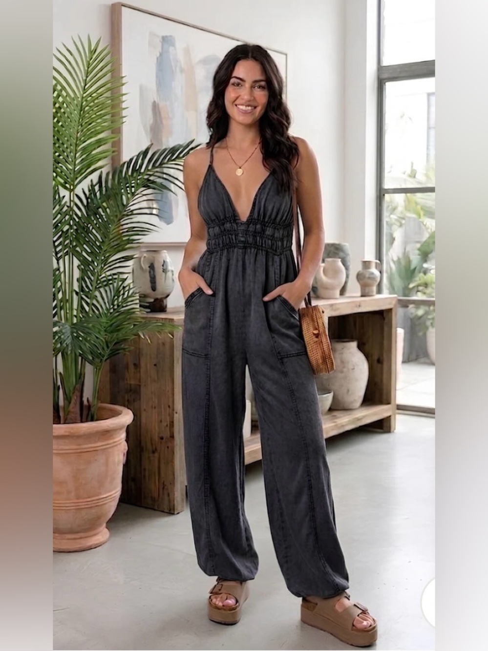 ⚫️ V NECK WIDE LEG DARK GREY JUMPSUIT WITH CUTE ANKLE TIES - SUPER COMFY ⚫️